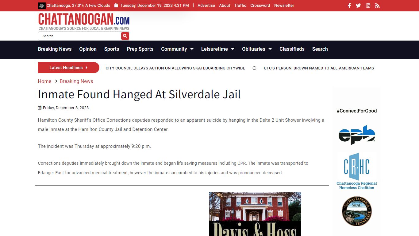 Inmate Found Hanged At Silverdale Jail - Chattanoogan.com